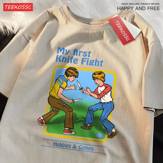 My First Knife Fight Hobbies Games Print T-Shirts for Men & Women - Soft, Casual, Oversized Cotton Streetwear - Perfect Summer Hip-Hop T-Shirt