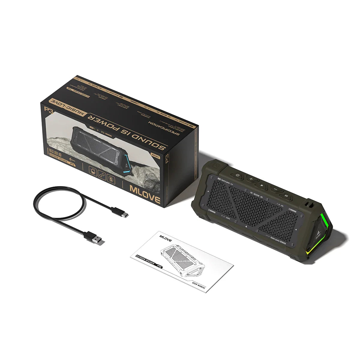 Easy To Use, MLOVE P3 Outdoor Bluetooth Speaker, 40W Power, IPX7 Waterproof, Bluetooth 5.3, RGB Light, Micro SD Card, Stereo Sound