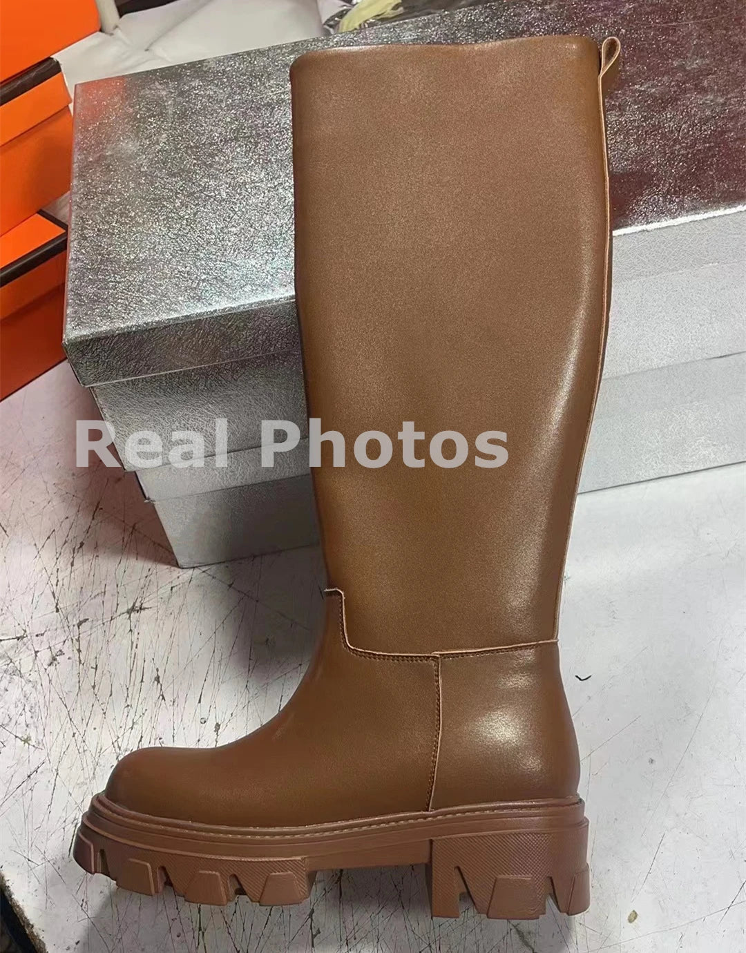 Women’s Cowhide Platform Riding Boots – Punk Leather Knee-Highs with Square Heels for Heavy Winter Impact