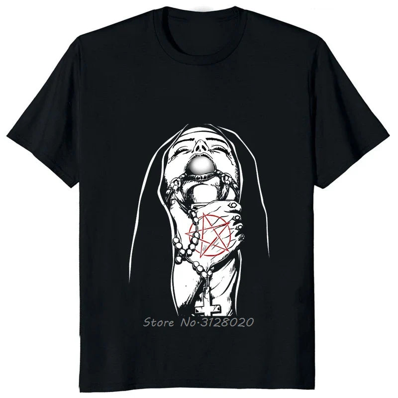 "God Is Busy, Can I Help You?" Unholy Nun Graphic T-Shirt – Edgy Satanic Humor Tee for Rebels, Heretics & Hipster Heathens | Lizard Vigilante Exclusive