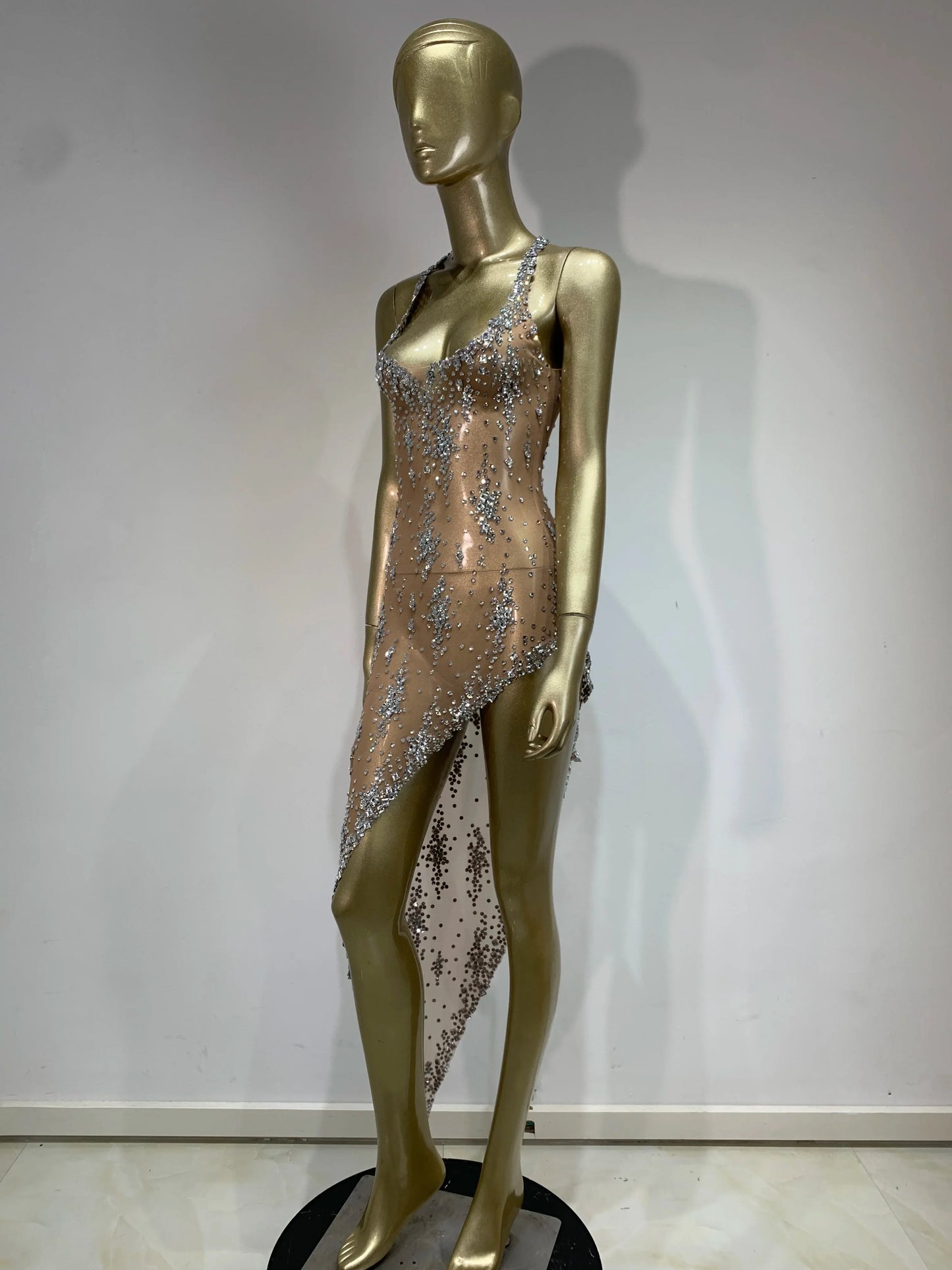 Women's Sparkly Rhinestone Mesh Evening Dress – Sexy Sheer V-Neck Celebrity Birthday Gown