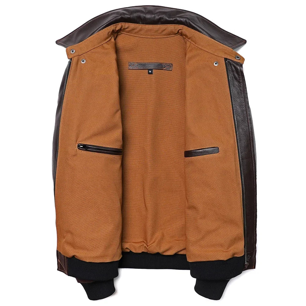 Men's Genuine Leather Jacket – Air Force Cowhide Flight Coat with Turn-Down Collar