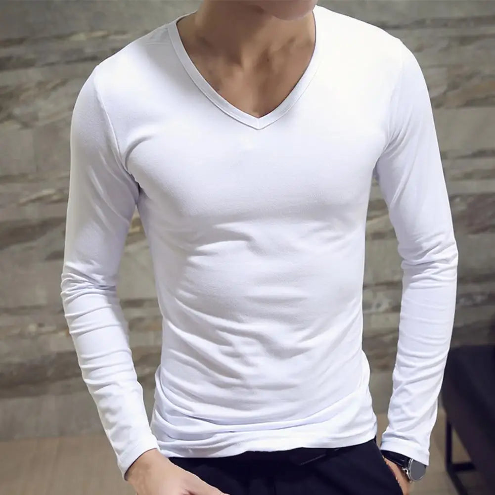 Men's Sports Gym Long Sleeve Slim Fit V-Neck T-Shirt – Solid Color Casual Fitness Base Shirt for Autumn & Winter