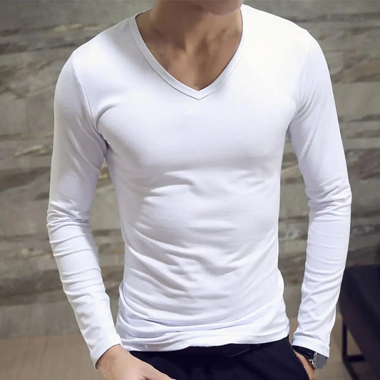 Men's Sports Gym Long Sleeve Slim Fit V-Neck T-Shirt – Solid Color Casual Fitness Base Shirt for Autumn & Winter