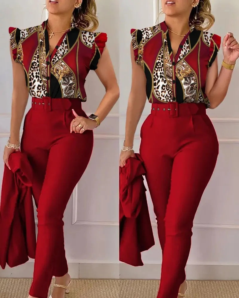 Women's Elegant Floral Slim Two-Piece Set - V-Neck Flying Sleeve Top & High-Waist Pencil Pants with Sash Belt