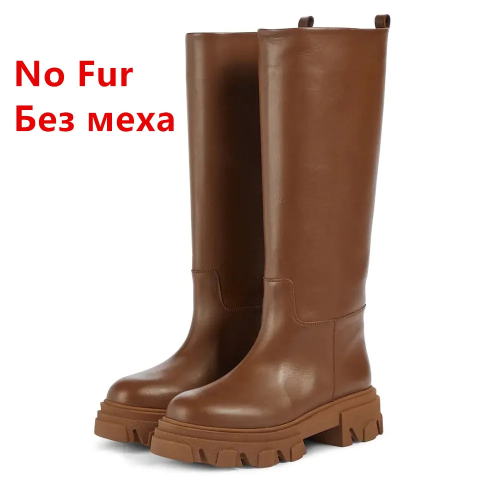 Women’s Cowhide Platform Riding Boots – Punk Leather Knee-Highs with Square Heels for Heavy Winter Impact