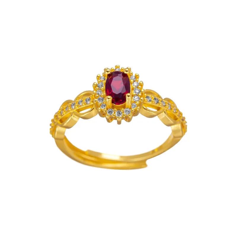 Crimson Vow Ruby Ring — Real 14K Gold Color Open Band with Sparkling Zircon Accents for Brides & Birthdays