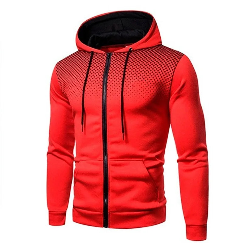 Men's Slim Fit Hoodie with Zipper Pocket – Casual Polka Dot Print Sweatshirt for Autumn & Winter