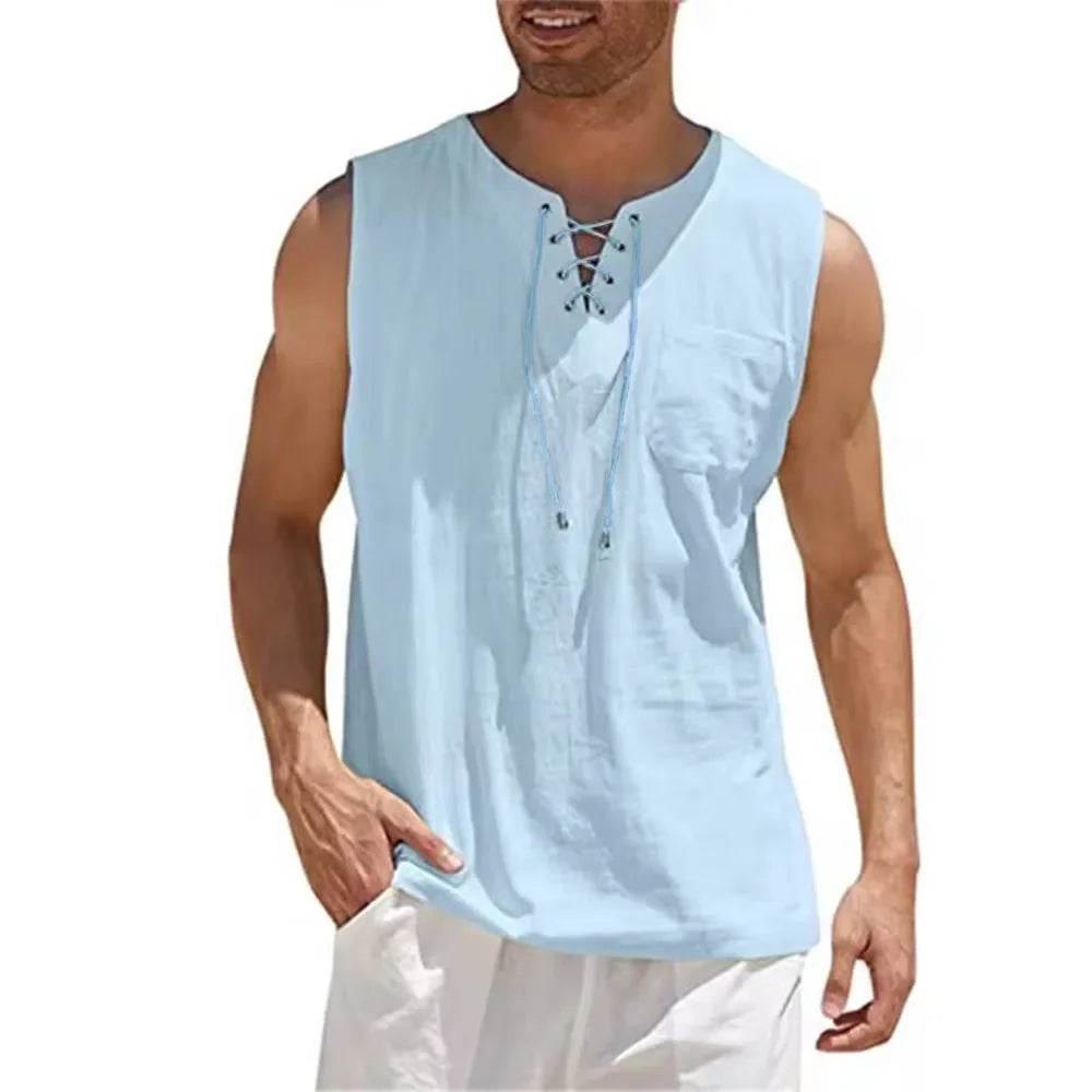 Rogue Linen Lace Up V-Neck Vest Tank For Men