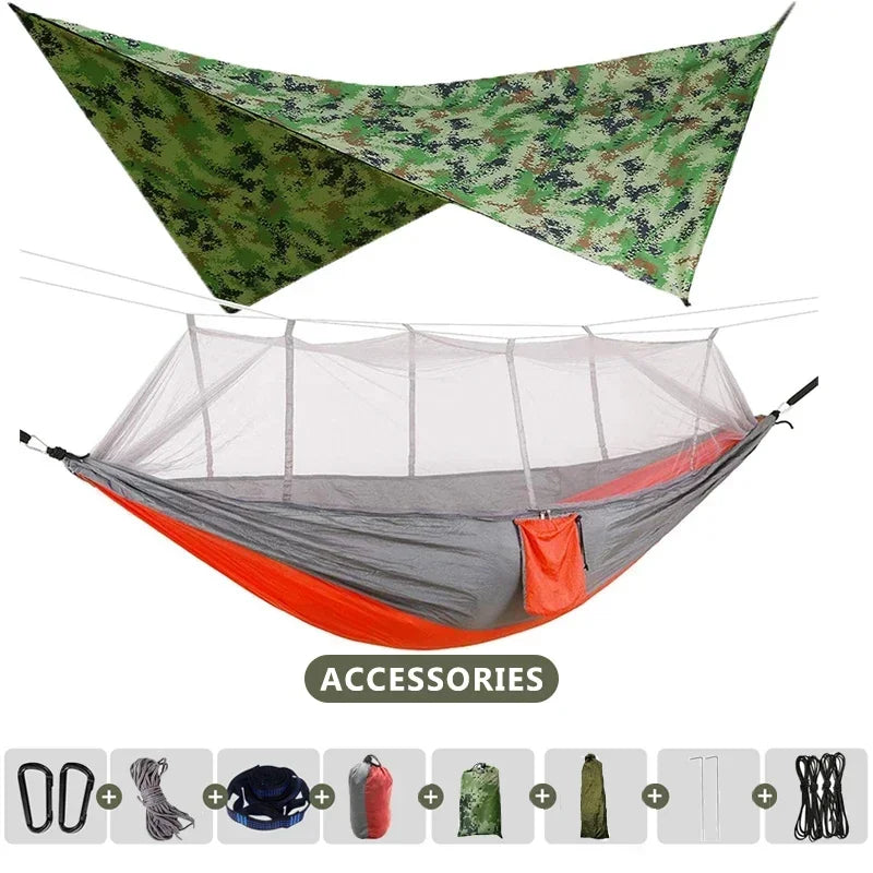 AdventureNest 2-Person Camping Hammock Set – 260x140cm Parachute Hammock with Mosquito Net & Rain Fly Tarp – Ultralight Outdoor Hammock for Travel, Hiking, Backpacking