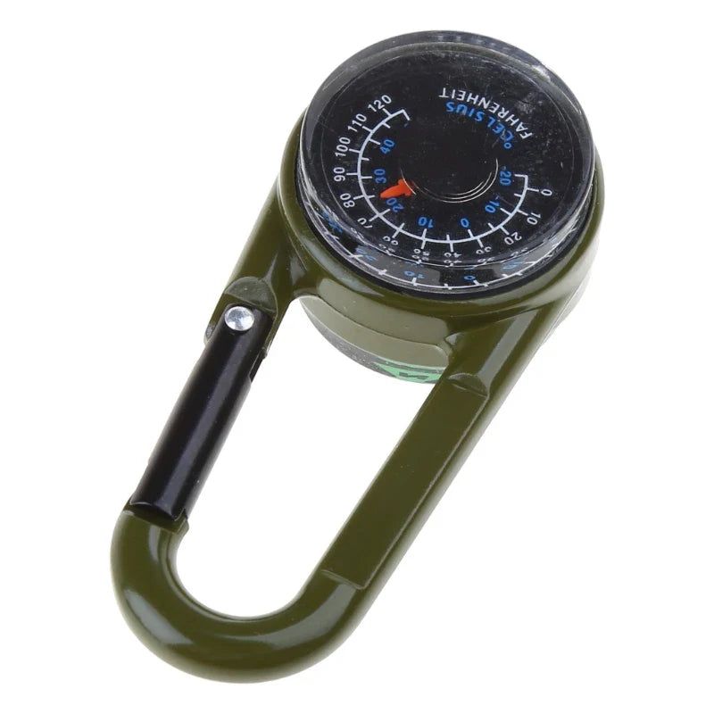 Tactical Survival Tri-Gauge Carabiner — Metal Compass + Thermometer Keychain