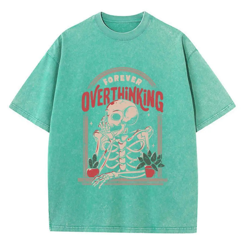 "Deadlines from the Balcony" Oversized Washed Skeleton Graphic Tee – Streetwear Soft Cotton Distressed Metalhead T-Shirt for Women
