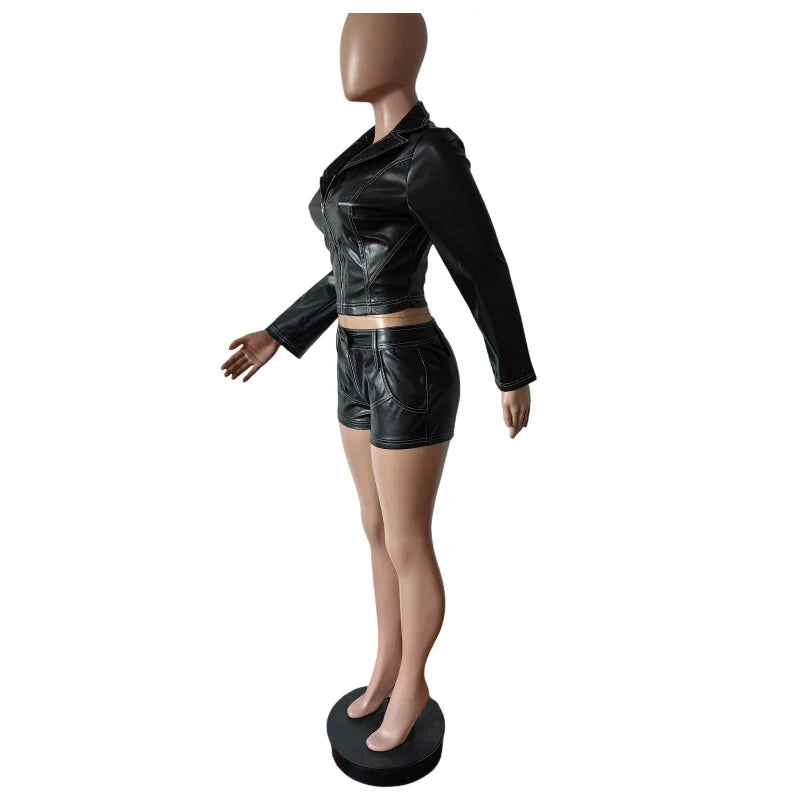 "BULLETPROOF KISSES" Y2K Punk Leather 2-Piece Set – Street-Kill Crop Jacket + Fight-Ready Shorts for Women Who Don't Flinch