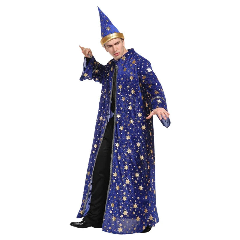 Adult Halloween Men Blue Robe and Hat | Star Moon Magic Magician Wizard Costume | Cosplay Role Playing