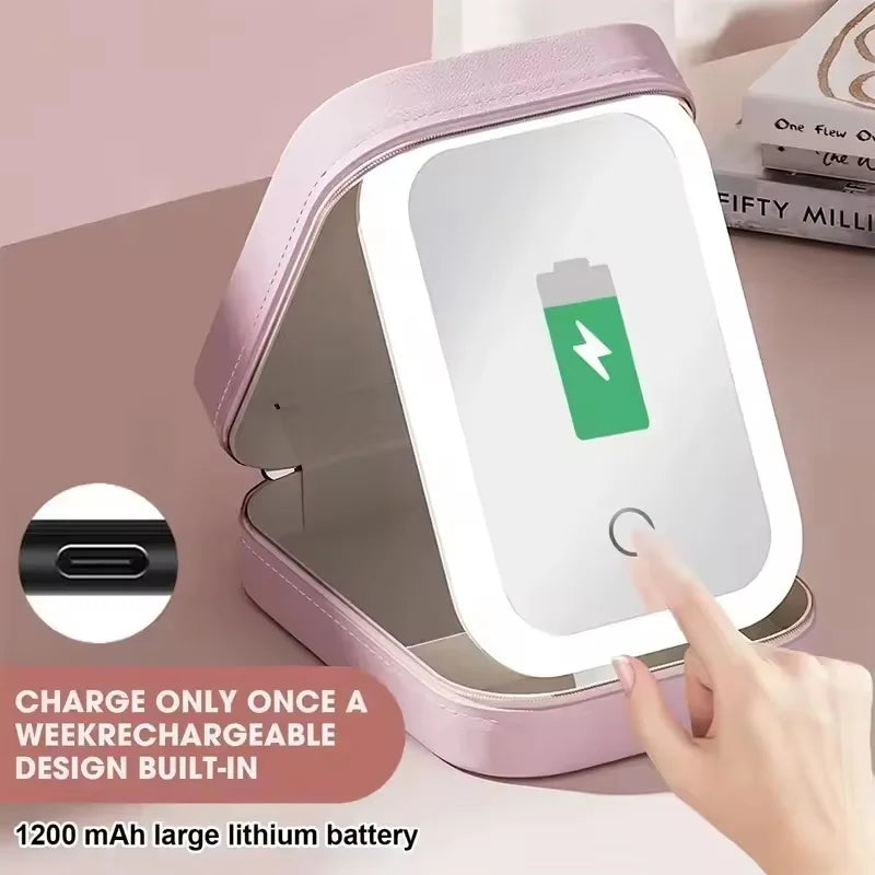 THOOBO! GlowVault Rechargeable LED Makeup Mirror Travel Case – 3-Color Light, Smart Cosmetic Storage Box, Ultra-Portable Beauty Companion