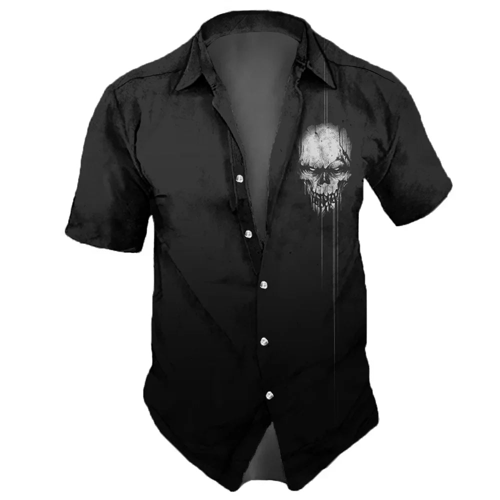 2025 Skull Print Hawaiian Streetwear Shirt Men’s Vintage Lapel Short Sleeve Summer Party Top