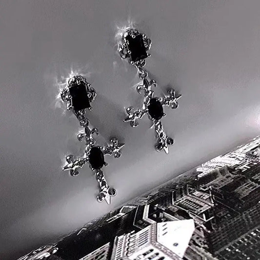 Gothic Cross Black Drill Drop Earrings – Punk Halloween Jewelry for Women