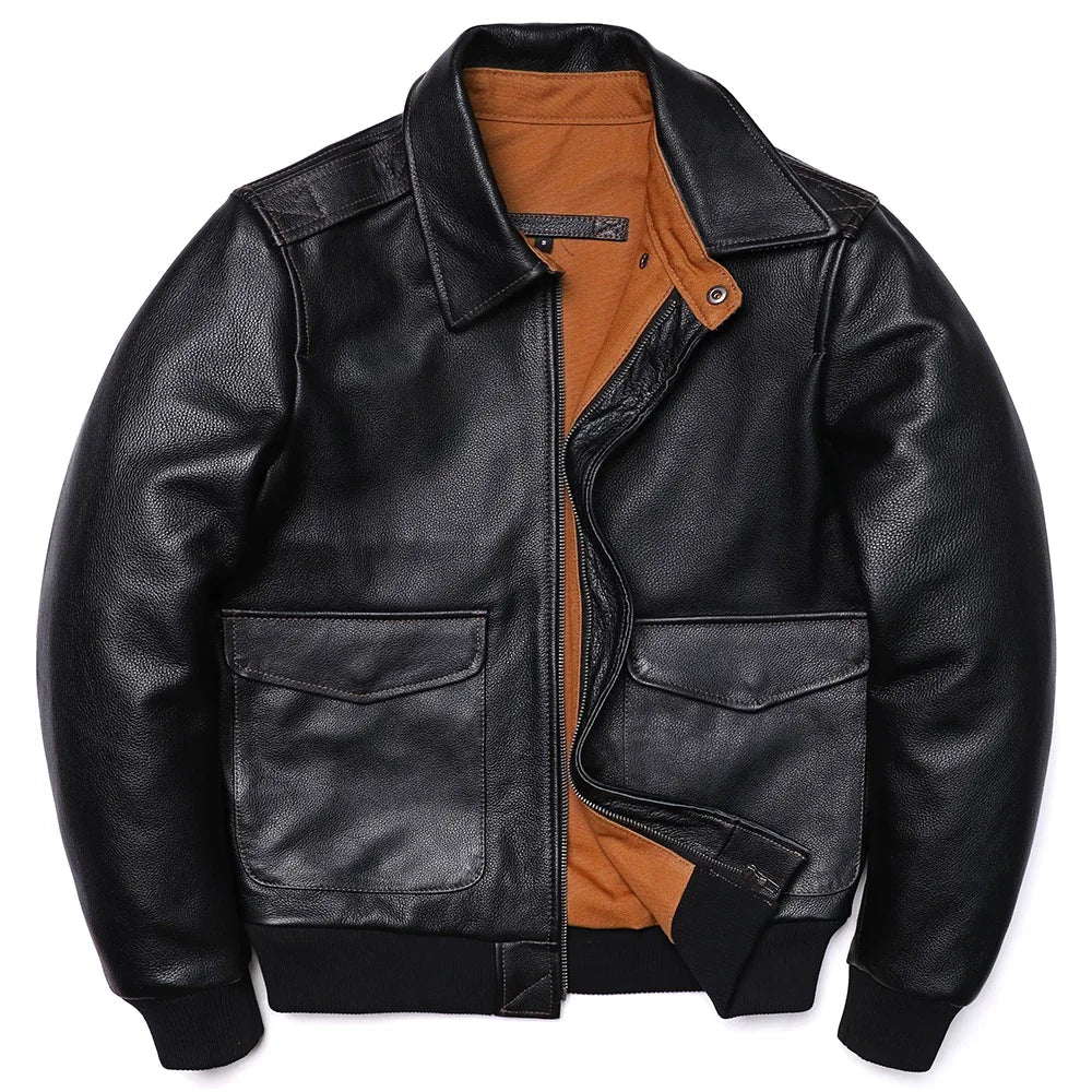 Men's Genuine Leather Jacket – Air Force Cowhide Flight Coat with Turn-Down Collar