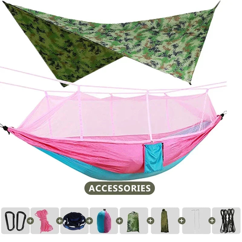 AdventureNest 2-Person Camping Hammock Set – 260x140cm Parachute Hammock with Mosquito Net & Rain Fly Tarp – Ultralight Outdoor Hammock for Travel, Hiking, Backpacking