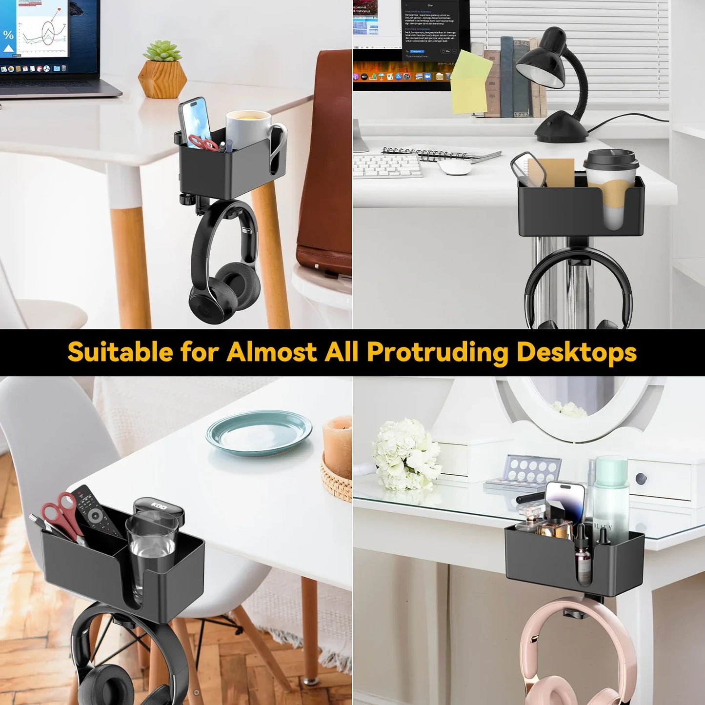 4-in-1 Desk Headphone Hanger Clamp, Rotating Storage with Cup Holder & Pen Holder – Under Desk Organizer for Gaming, Office, and Home Use