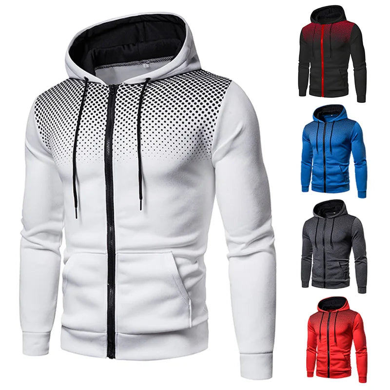 Men's Slim Fit Hoodie with Zipper Pocket – Casual Polka Dot Print Sweatshirt for Autumn & Winter