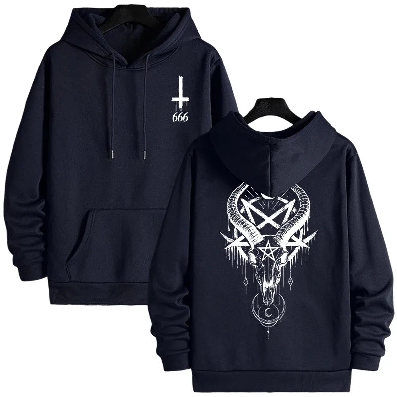 Gothic Demonic Face Hoodie – 666 Inverted Cross Streetwear Pullover For Men Autumn Winter