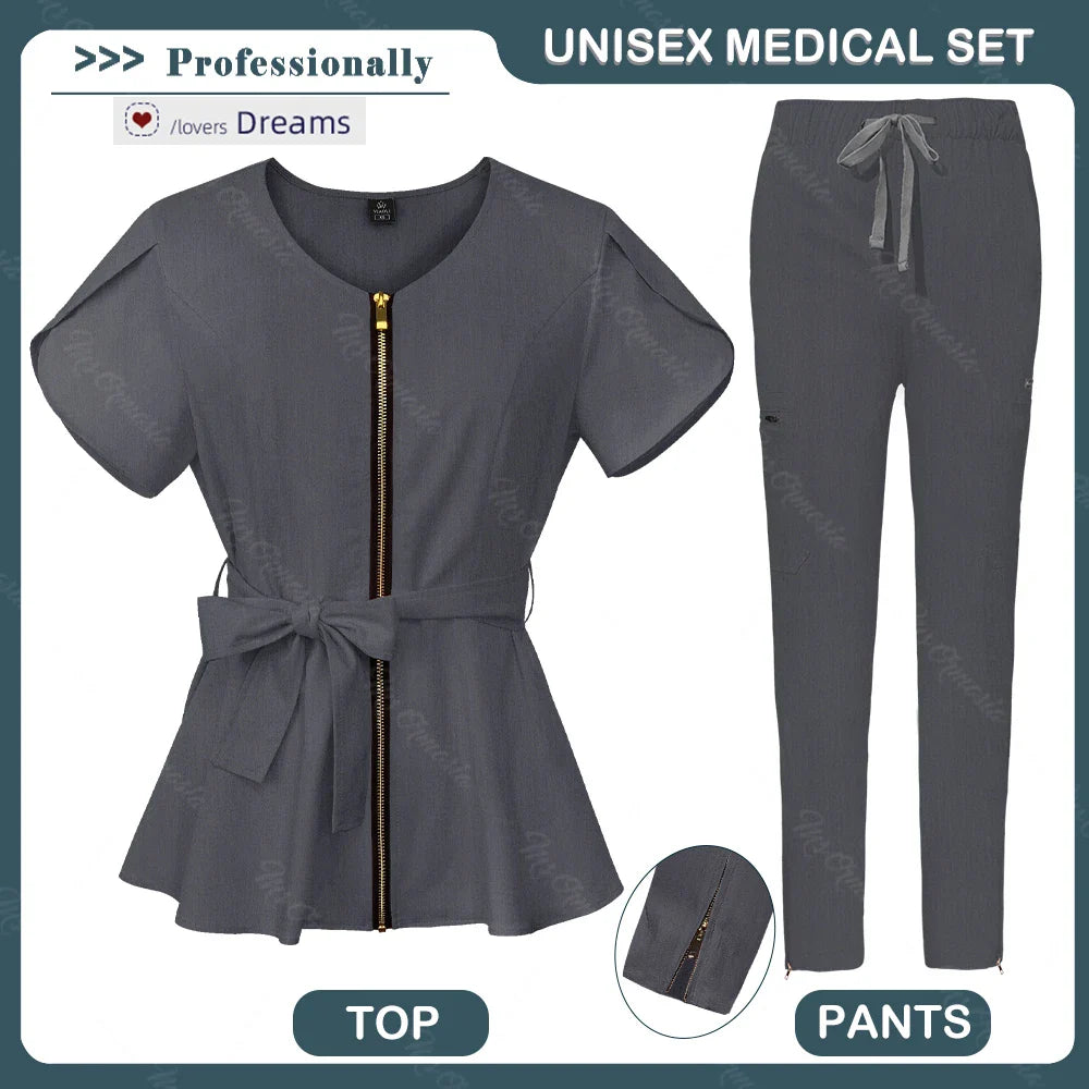 Unisex Medical Scrub Set | Fashionable & Breathable Beauty Salon & Nurse Uniform | Zipper Lapel Design