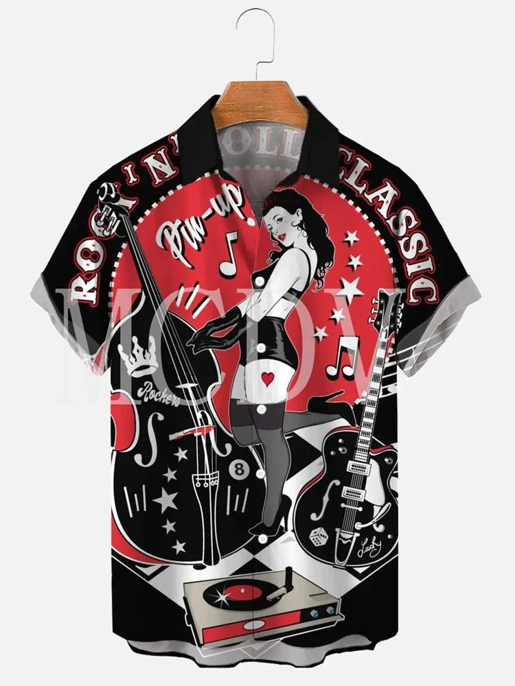 Men’s Rockabilly Vintage Rock N Roll Printed Hawaiian Shirt – Casual Breathable Short Sleeve by Lizard Vigilante
