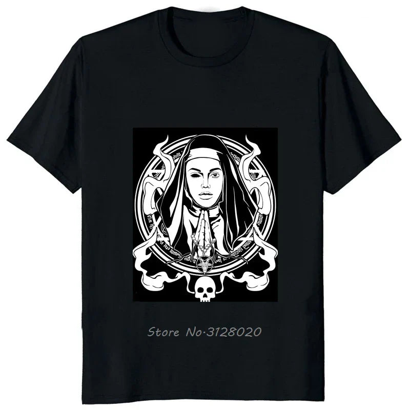 "God Is Busy, Can I Help You?" Unholy Nun Graphic T-Shirt – Edgy Satanic Humor Tee for Rebels, Heretics & Hipster Heathens | Lizard Vigilante Exclusive