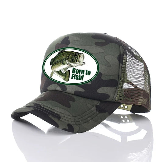 Born To Fish Round Oval Printing Mesh Soft Dad Hat – Big Mouth Bass Fishing Fans Snapback Cap