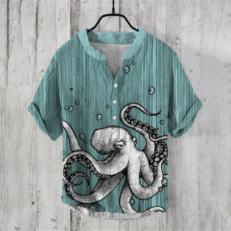 Japanese Water Monster Linen Shirt – Men's Summer Giant Kaiju Print Hawaiian-Style Short Sleeve