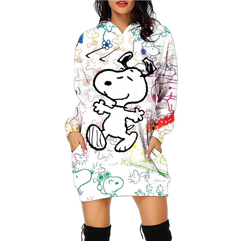 Snoopy Women’s Hoodie Dress – Y2K Streetwear 3D Cartoon Pullover Winter Fashion