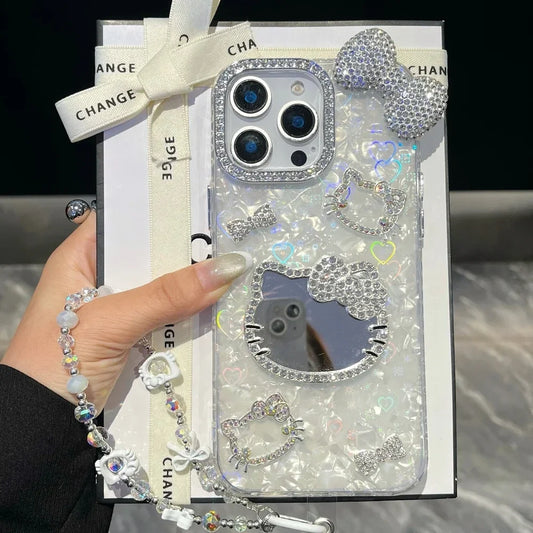 Hello Kitty Glitter Guard Mirror Case – 3D Cute Shockproof Anime Cover for iPhone 11–16 Pro Max (MINISO Edition)