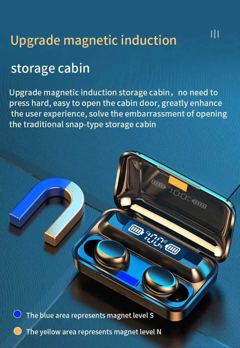 F9 PulsePods – Waterproof HiFi Bass Earbuds with LED Charge Display + Power Bank Case | Bluetooth 5.0, Touch Control, Noise-Canceling