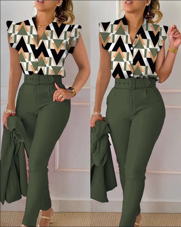 Women's Elegant Floral Slim Two-Piece Set - V-Neck Flying Sleeve Top & High-Waist Pencil Pants with Sash Belt