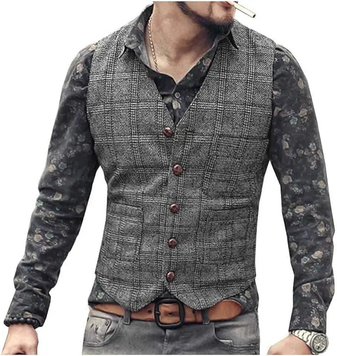 Men’s Vintage Tweed Plaid Vest – Classic Slim Fit Waistcoat for Weddings & Business