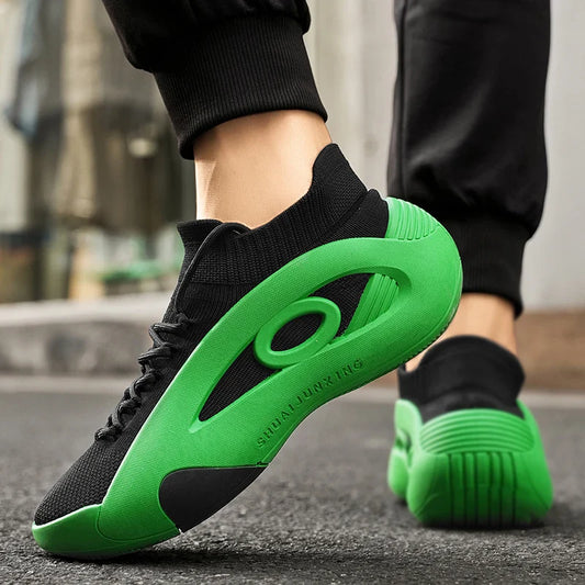 Oeny Black & Green Summer Sneakers for Men – Breathable Lace-Up Casual Sports Trainers with Platform, Designer Streetwear Shoes
