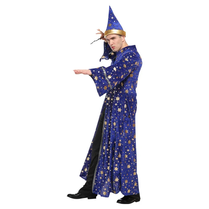 Adult Halloween Men Blue Robe and Hat | Star Moon Magic Magician Wizard Costume | Cosplay Role Playing