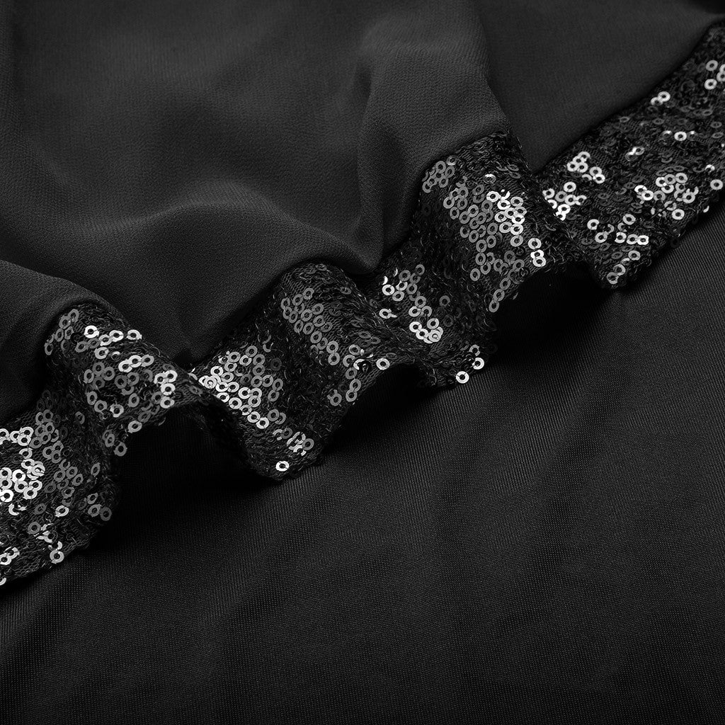 Women’s Sequined Chiffon Asymmetric Dress | Gothic Party Mini Dress With Cold Shoulder & Rockstar Shine