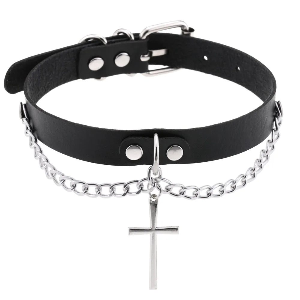 Harajuku Punk Rock Goth Choker - PU Leather Rivet Heart Cross Spike Necklace for Women, Hip Hop Bondage Jewelry