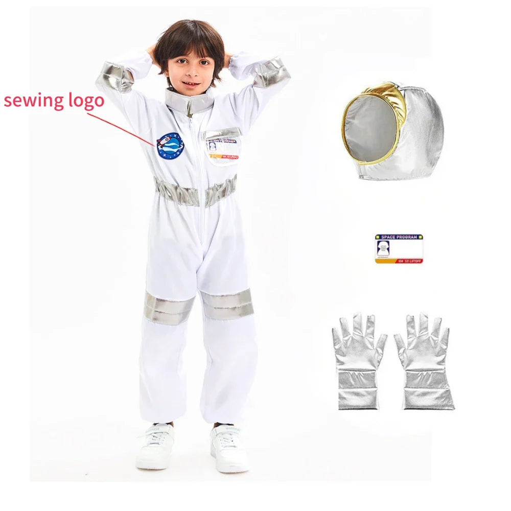Kids Astronaut Cosplay Jumpsuit Space Party Costume With Gloves White Spaceman Outfit