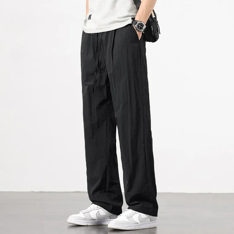 KUBRO Ice Silk Men’s Summer Power Pants – Breathable Black & Gray Business Casual Straight-Leg Sweatpants