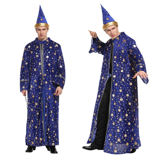 Adult Halloween Men Blue Robe and Hat | Star Moon Magic Magician Wizard Costume | Cosplay Role Playing