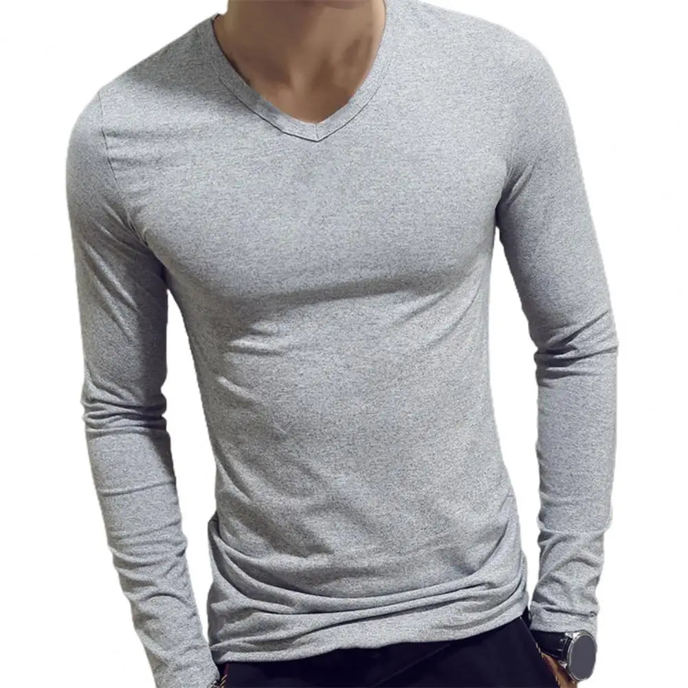 Men's Sports Gym Long Sleeve Slim Fit V-Neck T-Shirt – Solid Color Casual Fitness Base Shirt for Autumn & Winter