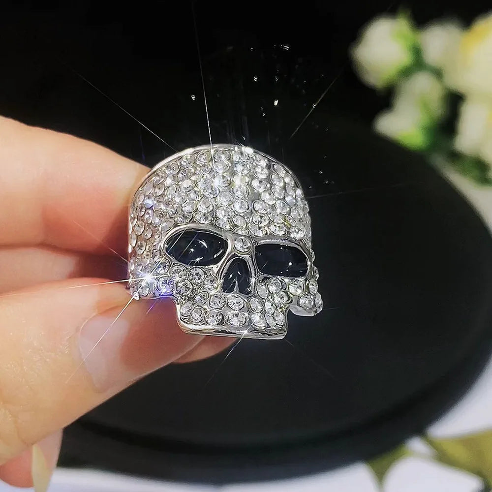 FishSheep Men's Punk Hip-Hop Austrian Crystal Skull Ring | Rhinestone Biker Ring | Fashionable Skeleton Jewelry for Rock Style and Parties