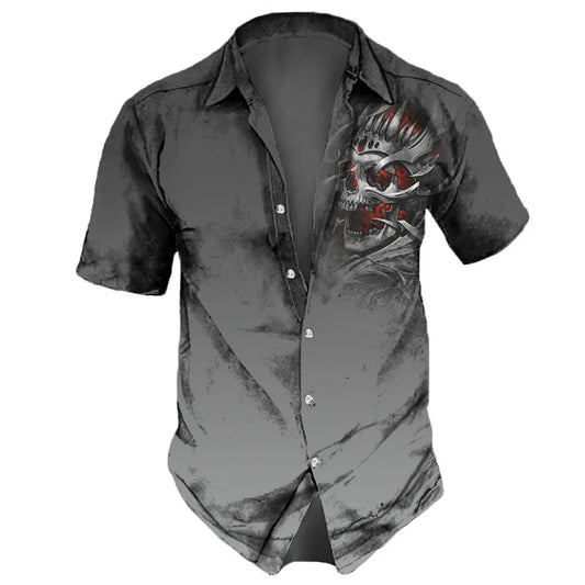 2025 Skull Print Hawaiian Streetwear Shirt Men’s Vintage Lapel Short Sleeve Summer Party Top