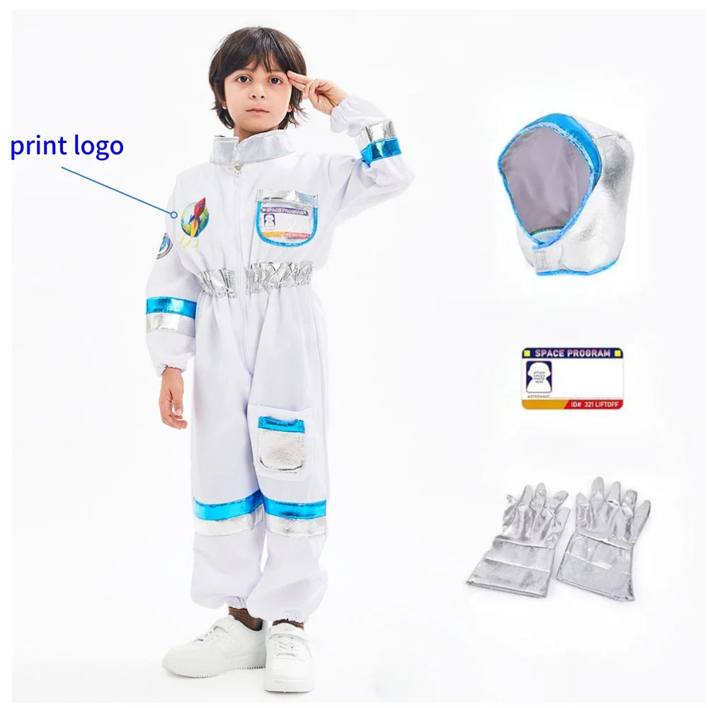 Kids Astronaut Cosplay Jumpsuit Space Party Costume With Gloves White Spaceman Outfit