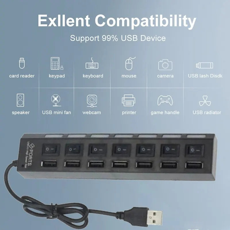 7-Port USB 2.0 Switch Extension Hub – Independent Power Switches, LED Display Lights, Plug & Play Splitter for Laptop & Desktop Devices