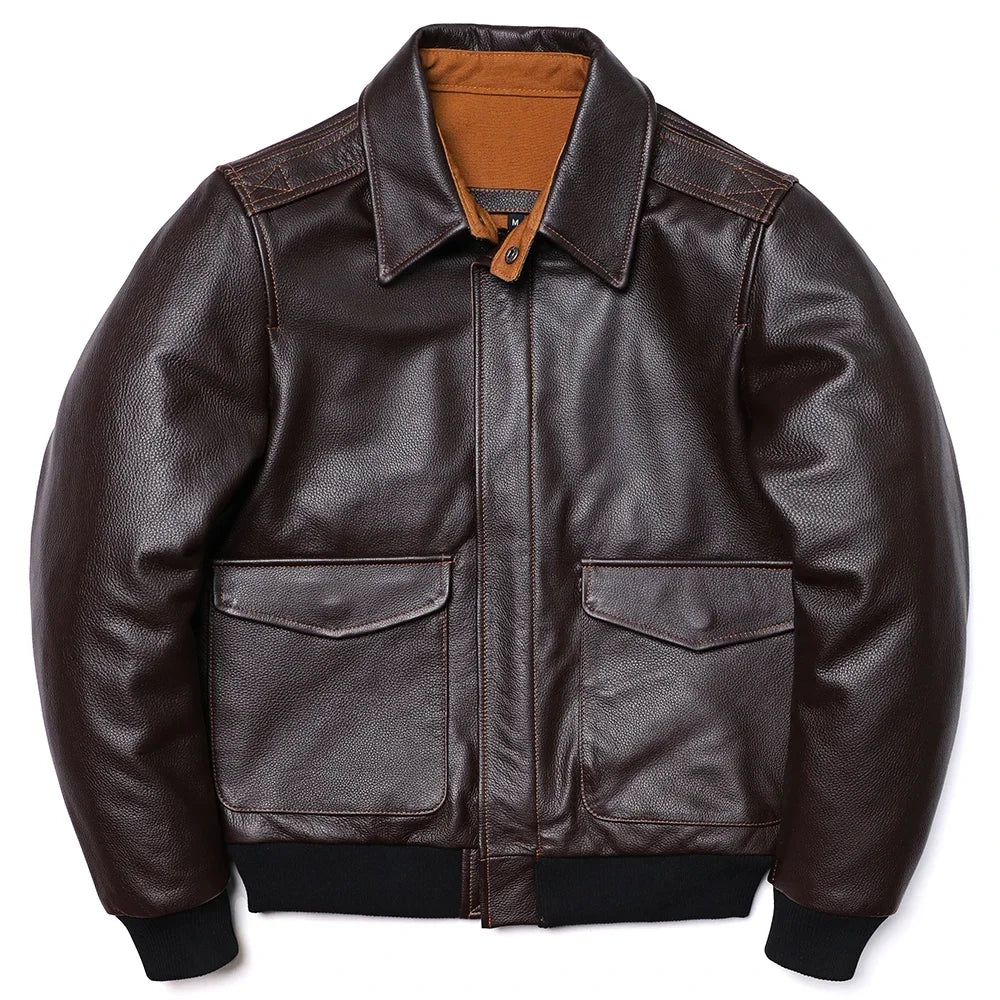 Men's Genuine Leather Jacket – Air Force Cowhide Flight Coat with Turn-Down Collar