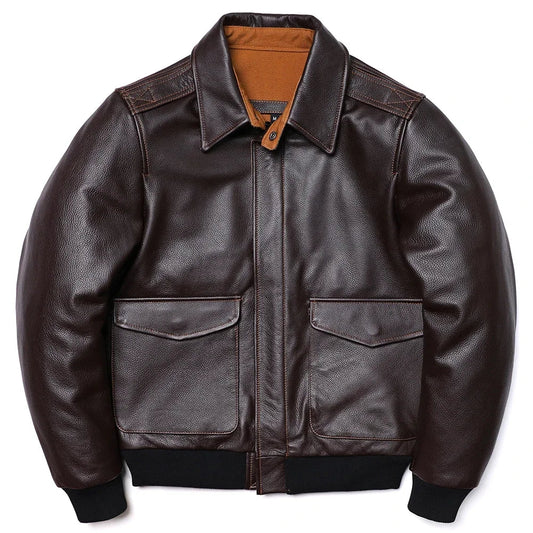 Men's Genuine Leather Jacket – Air Force Cowhide Flight Coat with Turn-Down Collar